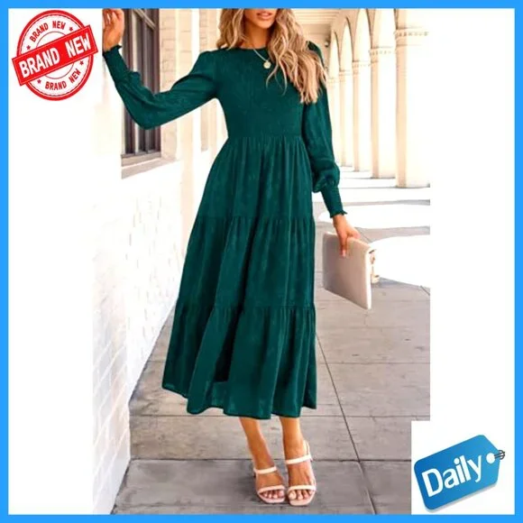 Floral Midi Dress Long Sleeve Smocked Elegant Wedding Guest Flowy with Pockets
